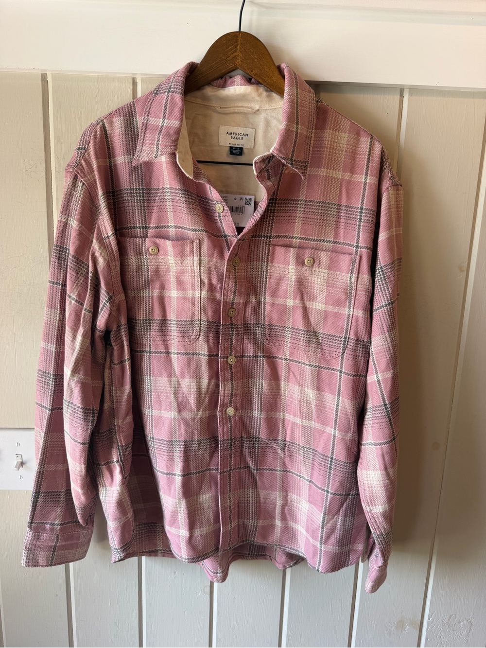 NWT American Eagle Pink Plaid Button-Down Shirt, Oversized, Size Medium